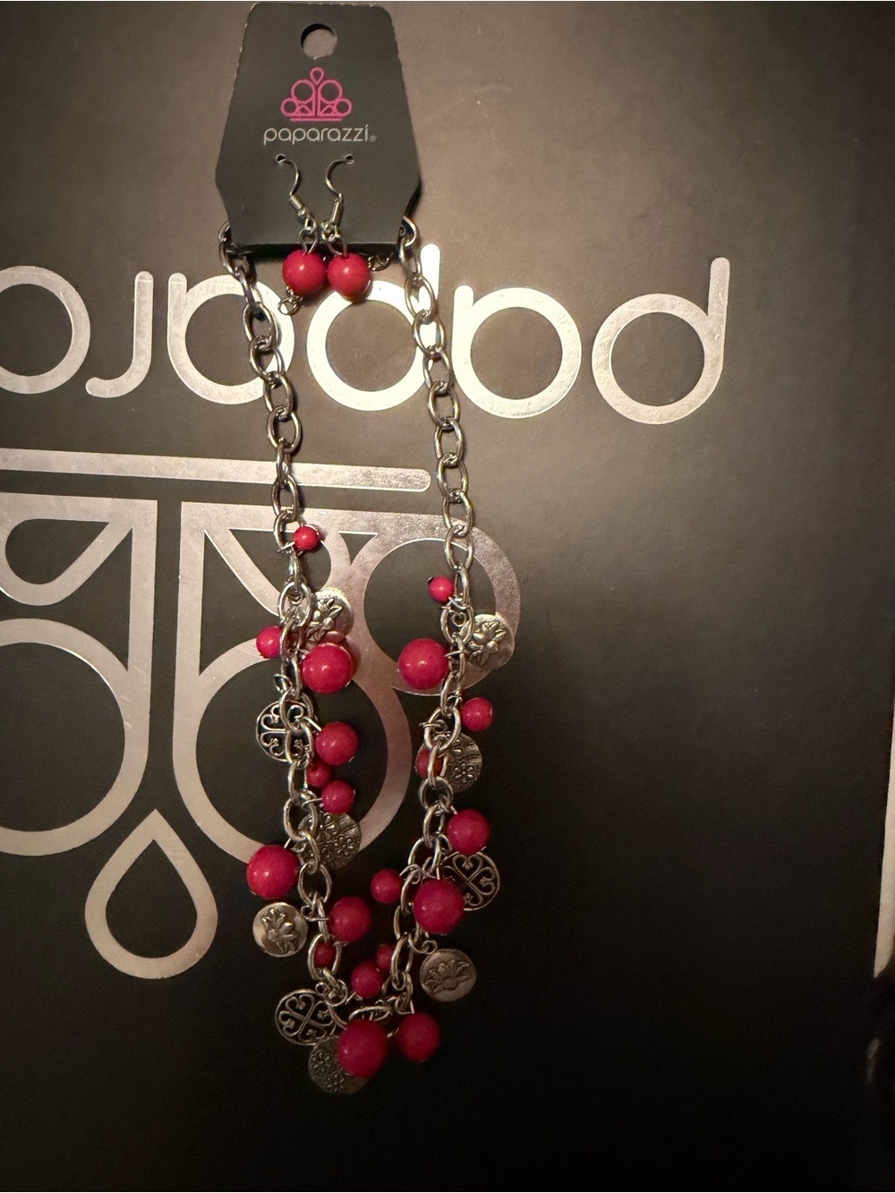 paparazzi Hot Pink Beaded Chain Necklace with Silver Charms